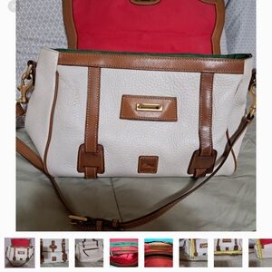 Dooney & Bourke pebble grain leather satchel handbag in ivory and brown.
